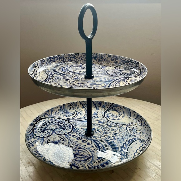 Source Unknown Other - Blue and White Two-Tier Metal & Aluminum Serving Stand